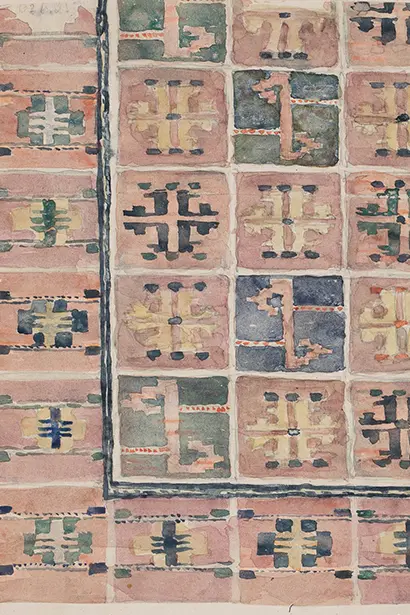 Märta Måås-Fjetterström’s watercolour sketch to rug Ulriksdal. 
