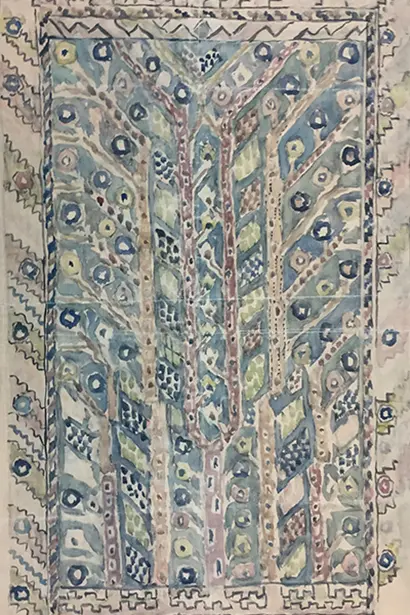 Märta Måås-Fjetterström’s watercolour sketch to rug Almarna. 